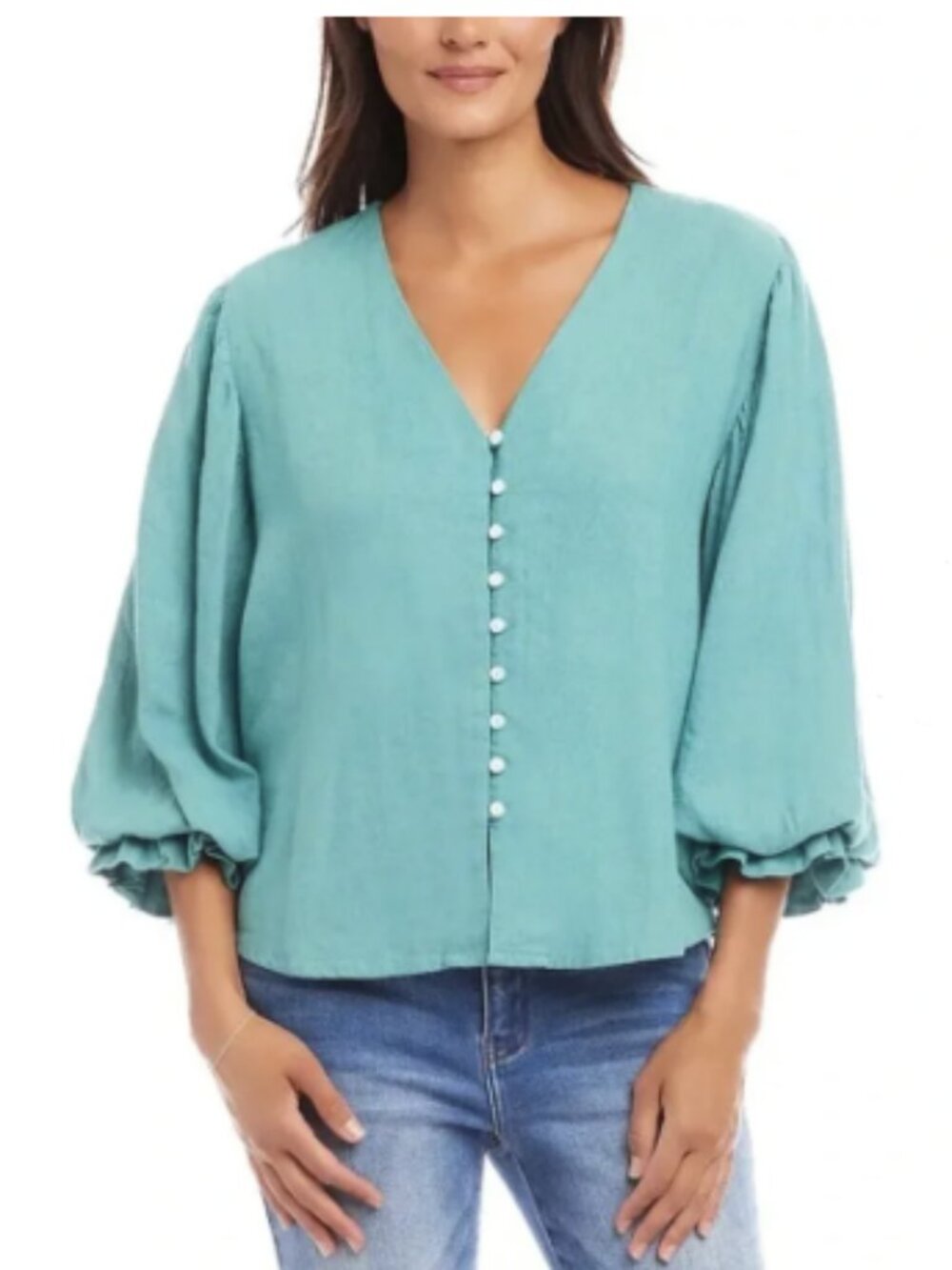 NWOT Karen Kane Teal Linen Viscose Button Front Balloon Sleeve Blouse Top Size M